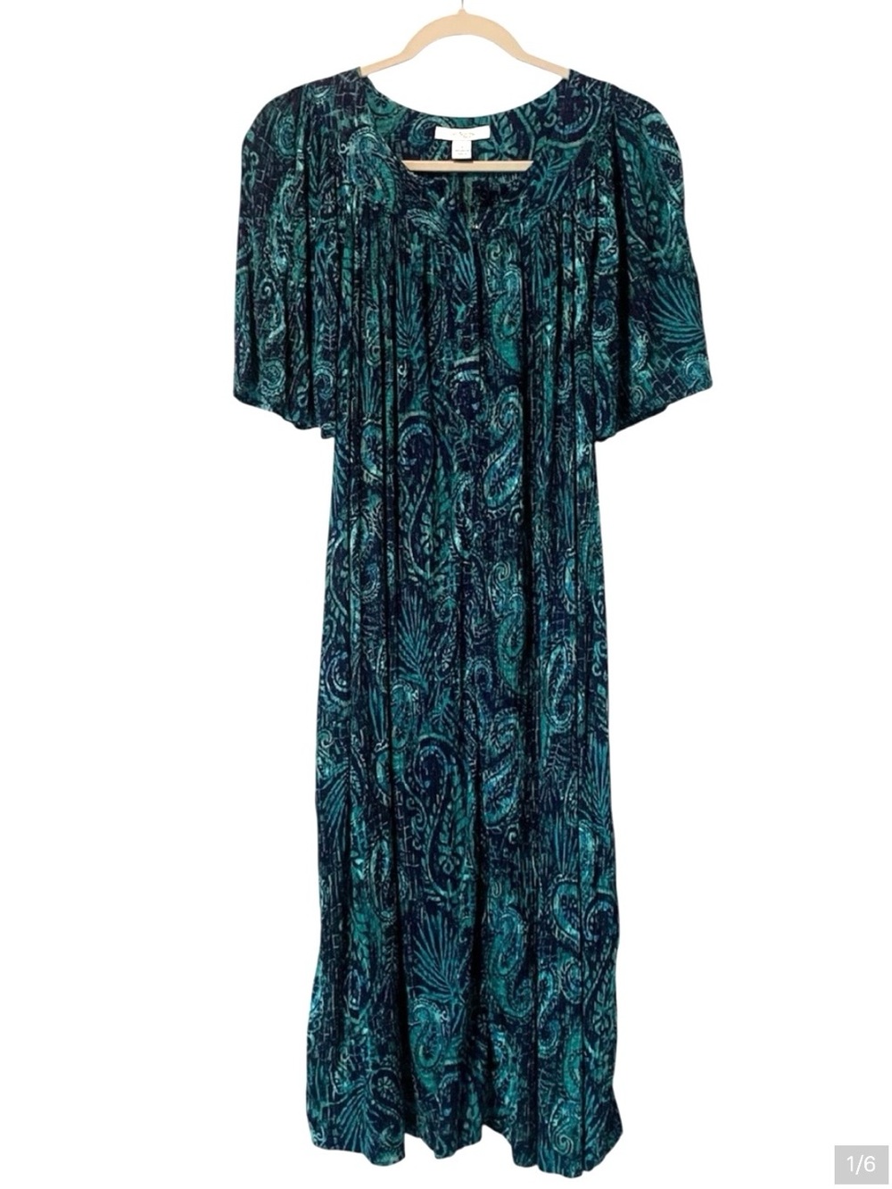 Go Softly Patio Dress Navy Blue Green Paisley Floral Rayon Popover Small S